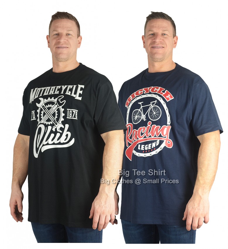Two men wearing a black t shirt and a navy blue t shirt.