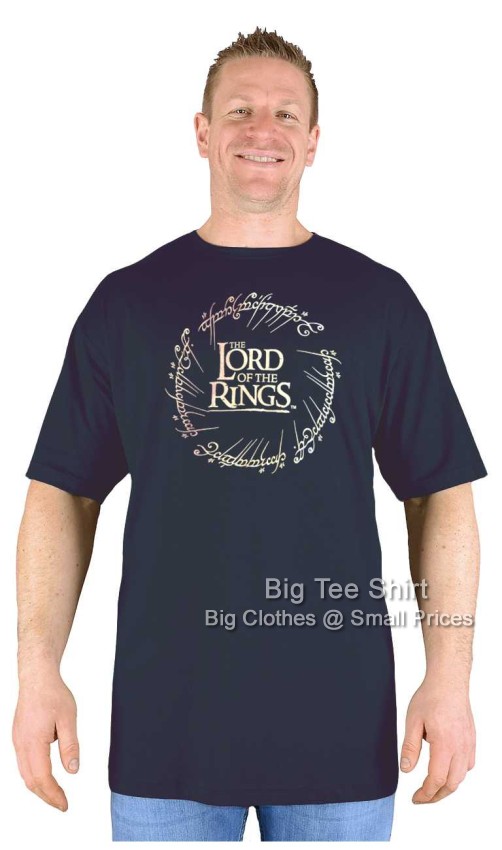 A man wearing a black coloured Lord of the Rings t shirt.