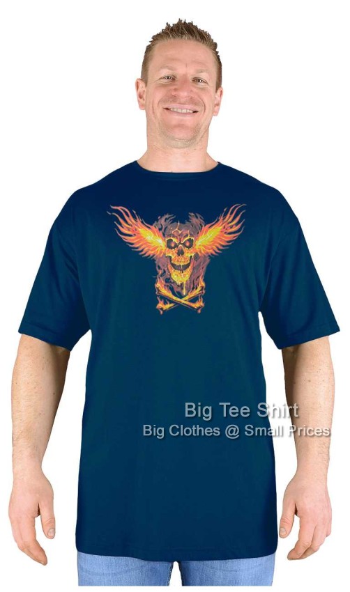 Navy Blue Big Tee Shirt Flaming Skull T Shirt