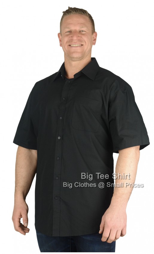 A man wearing a black short sleeve shirt.