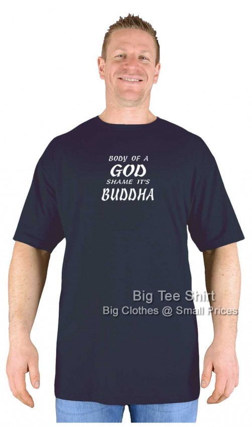 A man wearing a black t shirt with a funny slogan.