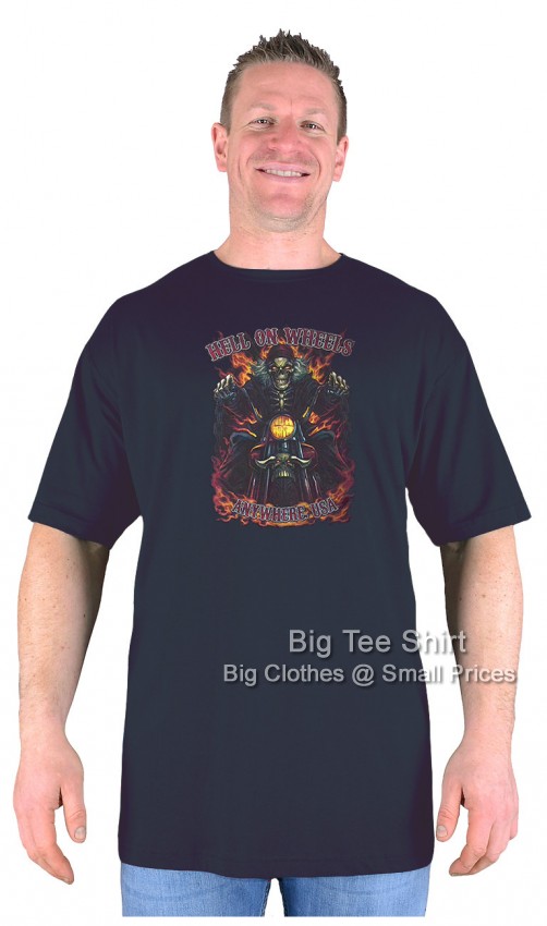A man wearing a black t-shirt with a biker design on it.