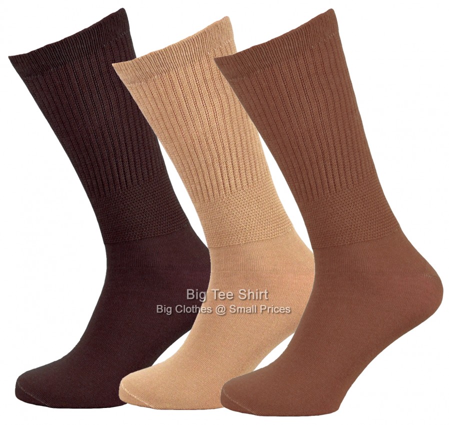 Brown Beige Big Foot Extra Wide Diabetic Socks Pack of Three Assorted