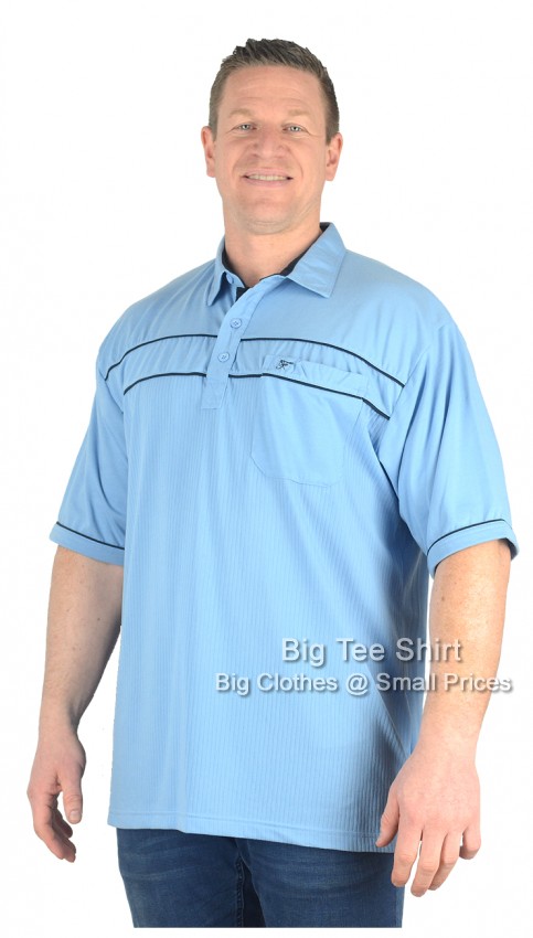 A man wearing a sky blue coloured polo shirt.