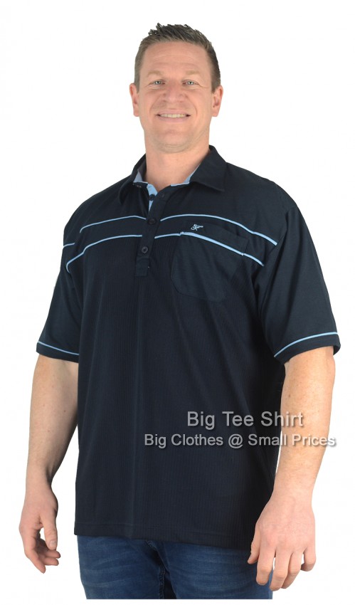 A man wearing a navy blue fashion polo shirt.