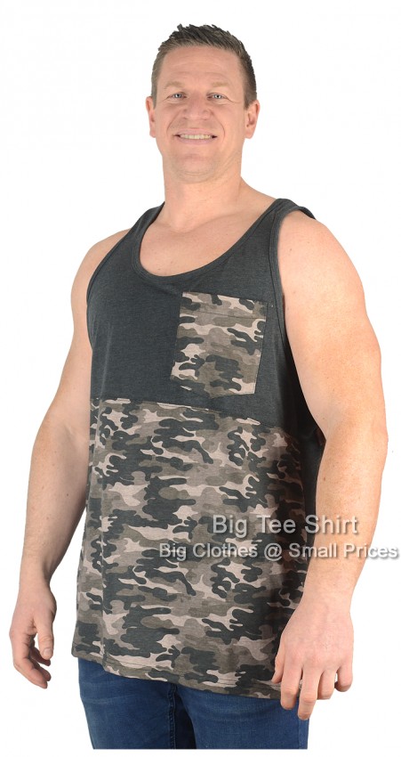 A man wearing a charcoal grey camo style vest.