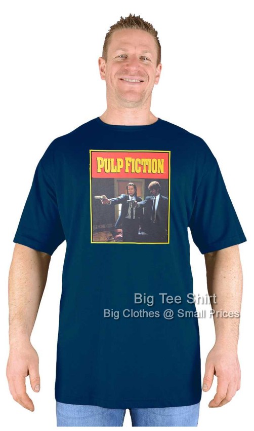 A man wearing a Pulp Fiction inspire black t shirt.