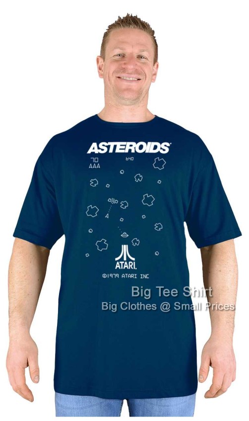 A man wearing a black Asteroids themed t shirt.