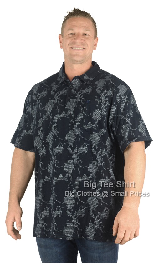 Navy Blue Charcoal Grey Espionage Fleming Camo Print Polo Shirt