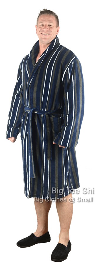 A man wearing a navy striped dressing gown.