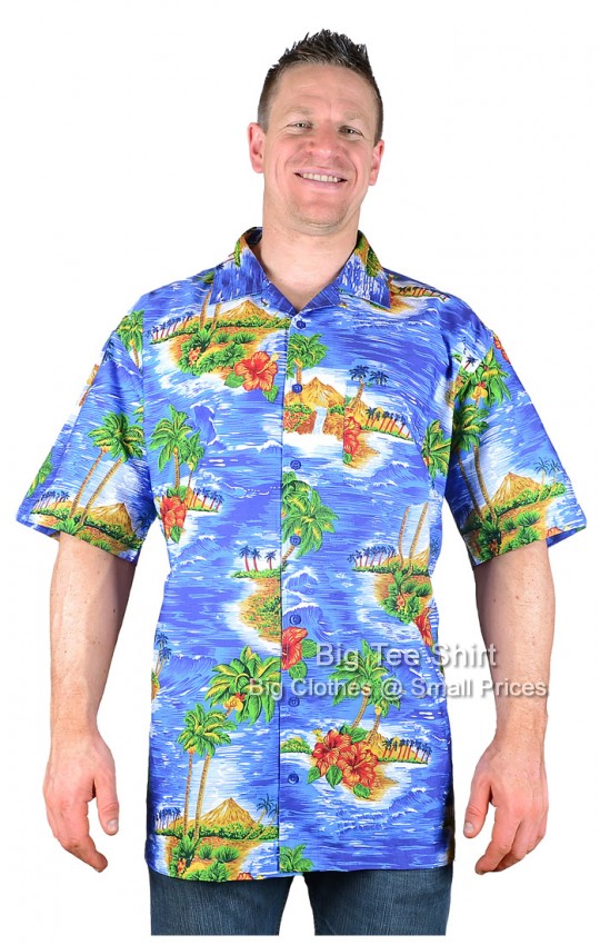 Blue Palm Tree Espionage Sands Hawaiian Style Short Sleeve Shirt
