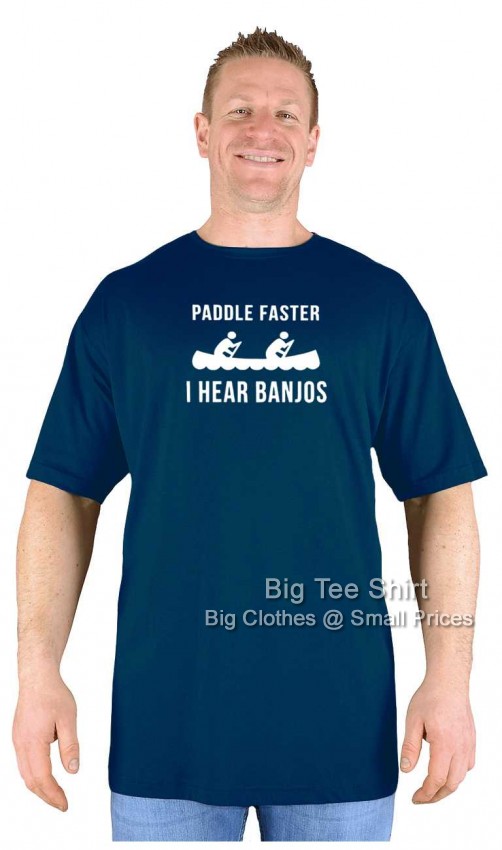 A man wearing a navy blue t shirt with a funny slogan.